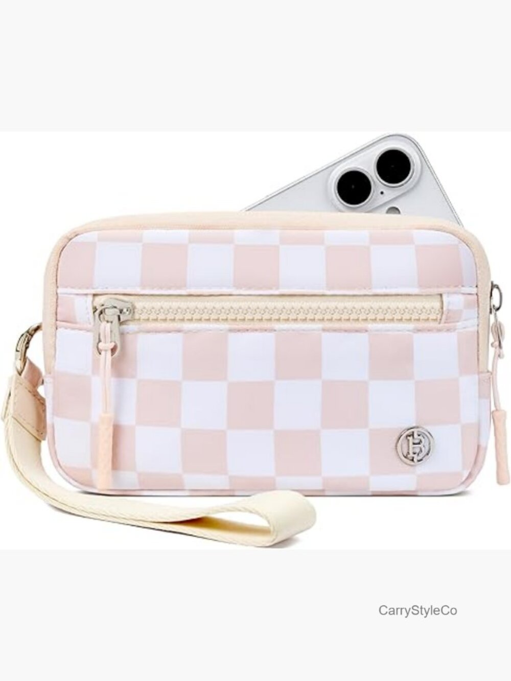 Nylon Wristlet Wallet with RFID Blocking, Checkerboard Pattern, Detachable Strap
